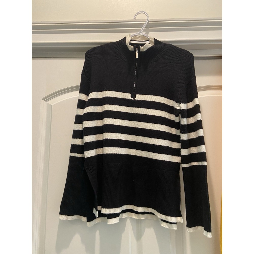 For the Republic Black White Striped Mock 1/4 Quarter Zip Womens Knit Sweater XS